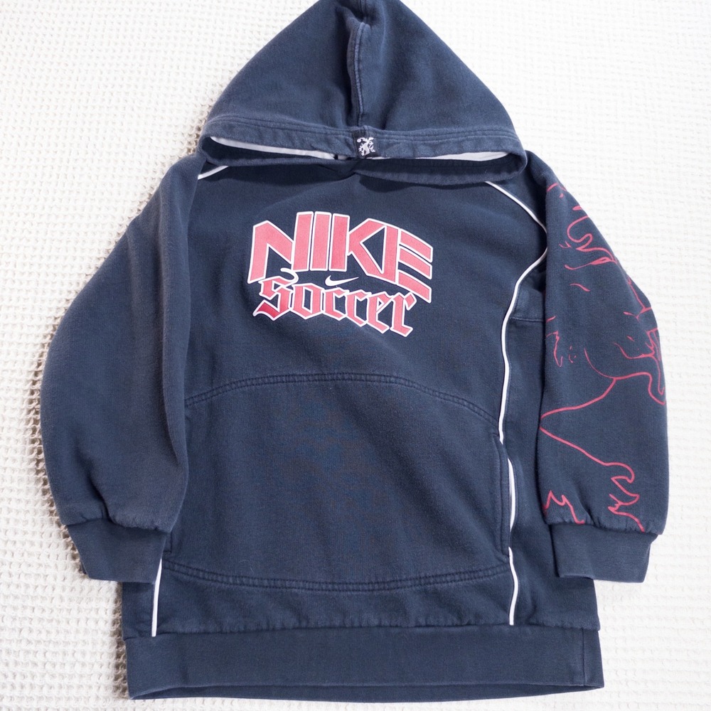 Nike Soccer Hoodie Navy Blue Red Graphic Sleeve Pullover Sweatshirt Boys Small